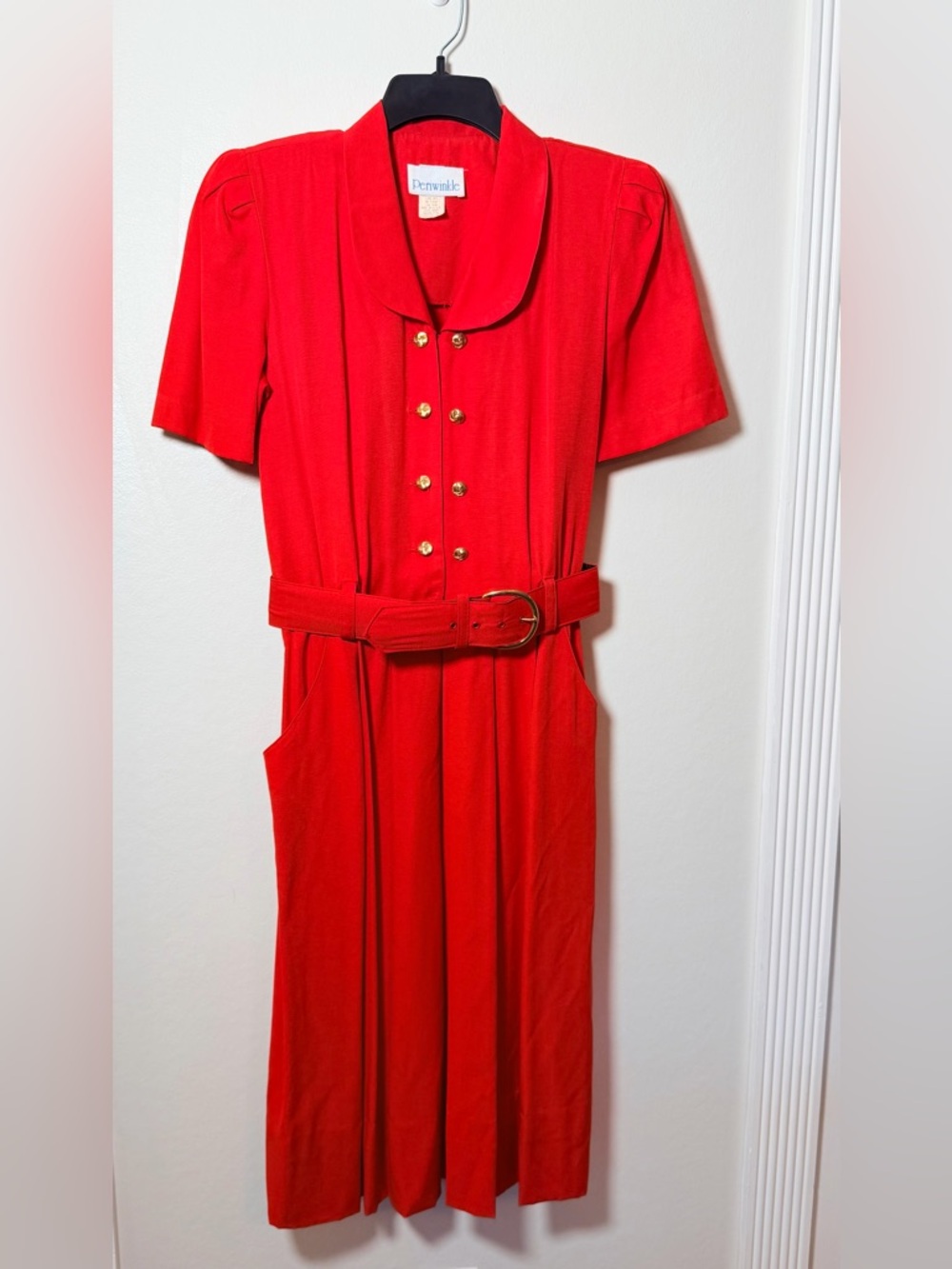 Vintage 80s Periwinkle Red Pleated Shirt Dress w/ Belt - Size 8 MADE IN USA